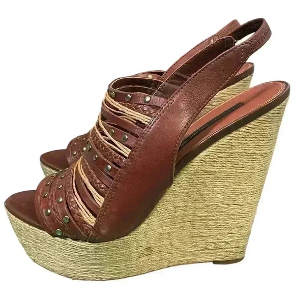 STEVEN by Steve Madden Wedge Sling Back Leather Braided Rope Stud Detail Shoe - Picture 4 of 14